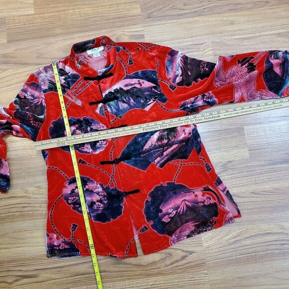 Aris A Womens XL Velvet Top Asian Crane Stand Collar Silk Knot Kimono Boho Artsy - Picture 9 of 10